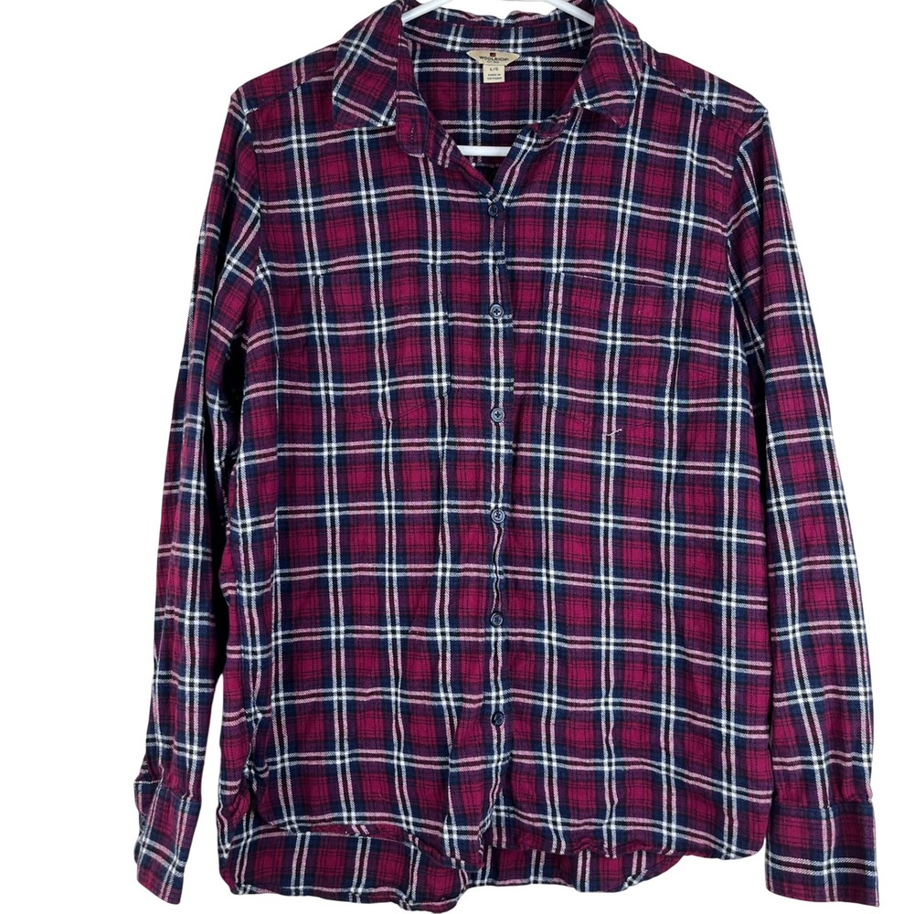 Woolrich Flannel Shirt Womens Large Burgundy Navy Blue Plaid Cotton Long Sleeve